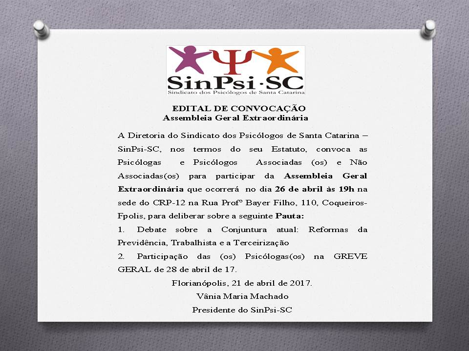 Edital de Convocação - Assembleia Geral Extraordinária SinPsi-SC